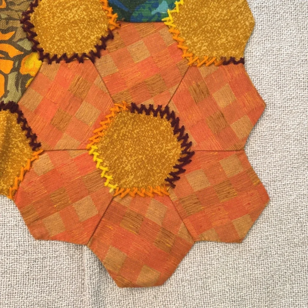 Vintage Handmade Patchwork Hexagon Table Runner Boho Cottagecore. 70s-80s